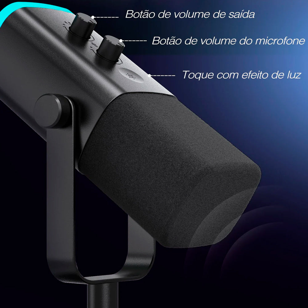 Microfone Fifine AM8 Dinâmico Xlr/USB Para Podcasts, Transmissão De Jogos, RGB, Conector P2 , Suporte De Mesa, Preto
